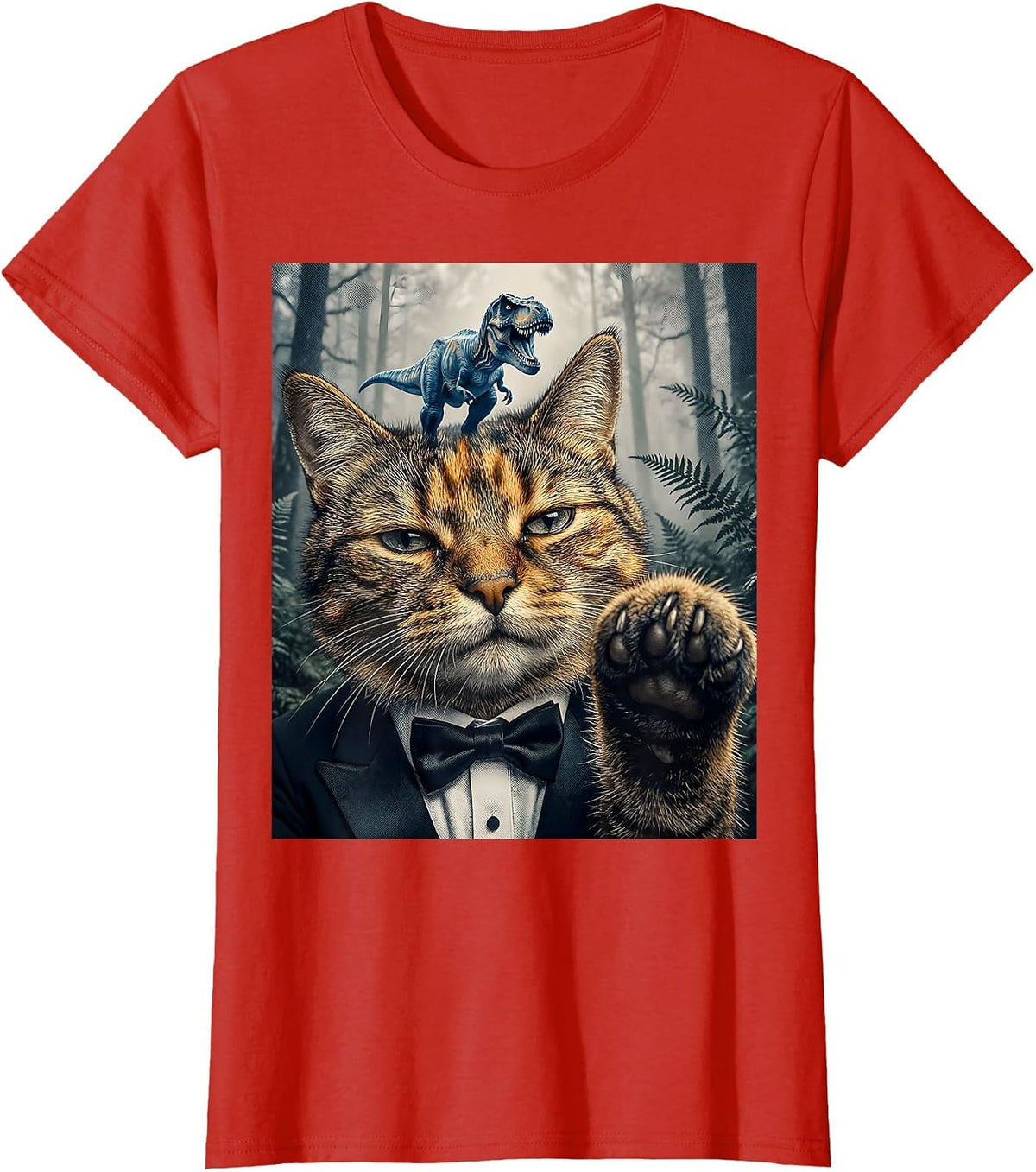 Women's Oversized Deadpan Tuxedo Cat T-Rex Selfie Funny Meme T-Shirt - Red