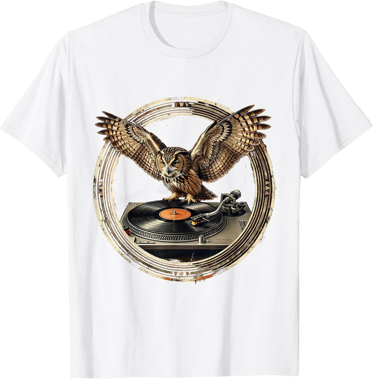 Men's Hip Hop Owl DJ Vintage Turntable Illustration T-Shirt - White