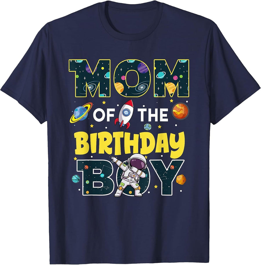 Mom of The Birthday Boy Astronaut Family Space Planets T-Shirt - Navy Blue