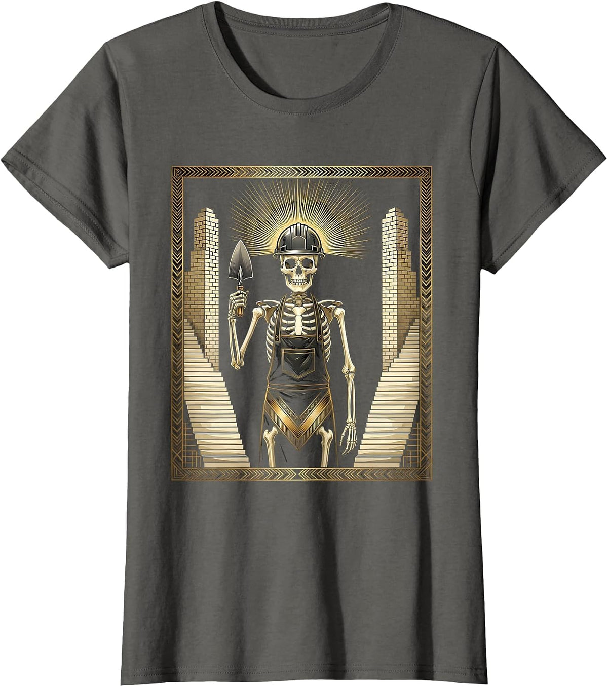 Women's Skeleton Mason Laying Bricks at Midnight T-Shirt - Asphalt Grey