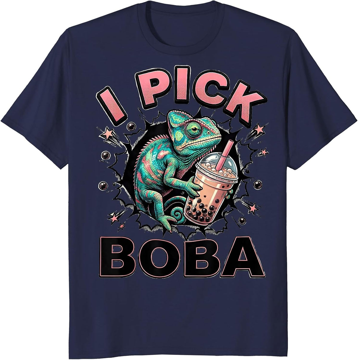 Men's I Pick Boba Cute Kawaii Chameleon Boba Tea Lover Gift T-Shirt - Navy Blue