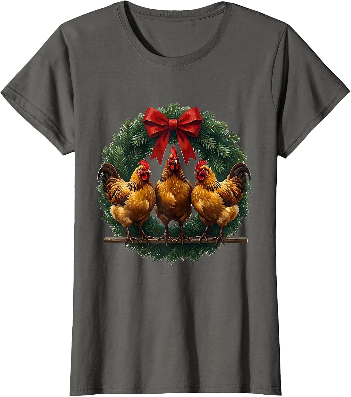 Women's Chickens Wreath Christmas Humor Farm Animal Lover Gift T-Shirt - Asphalt Grey
