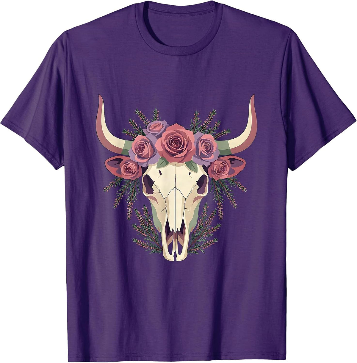 Highland Cow Skull Roses and Heather Graphic T-Shirt - Purple