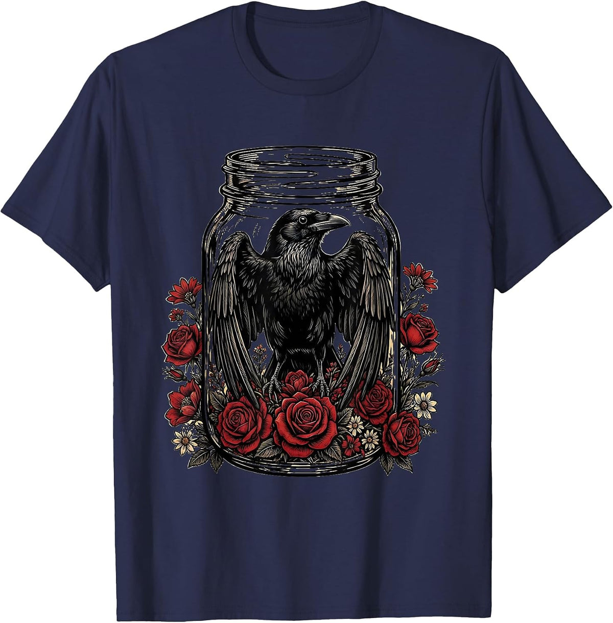 Crow in a Mason Jar with Flowers Illustration T-Shirt - Navy Blue