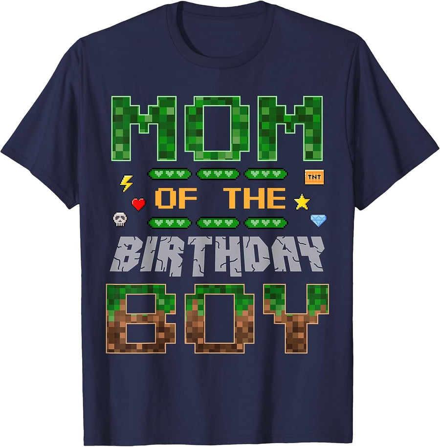 Mom of the Birthday Boy Pixel Gamer Family Love T-Shirt - Navy Blue