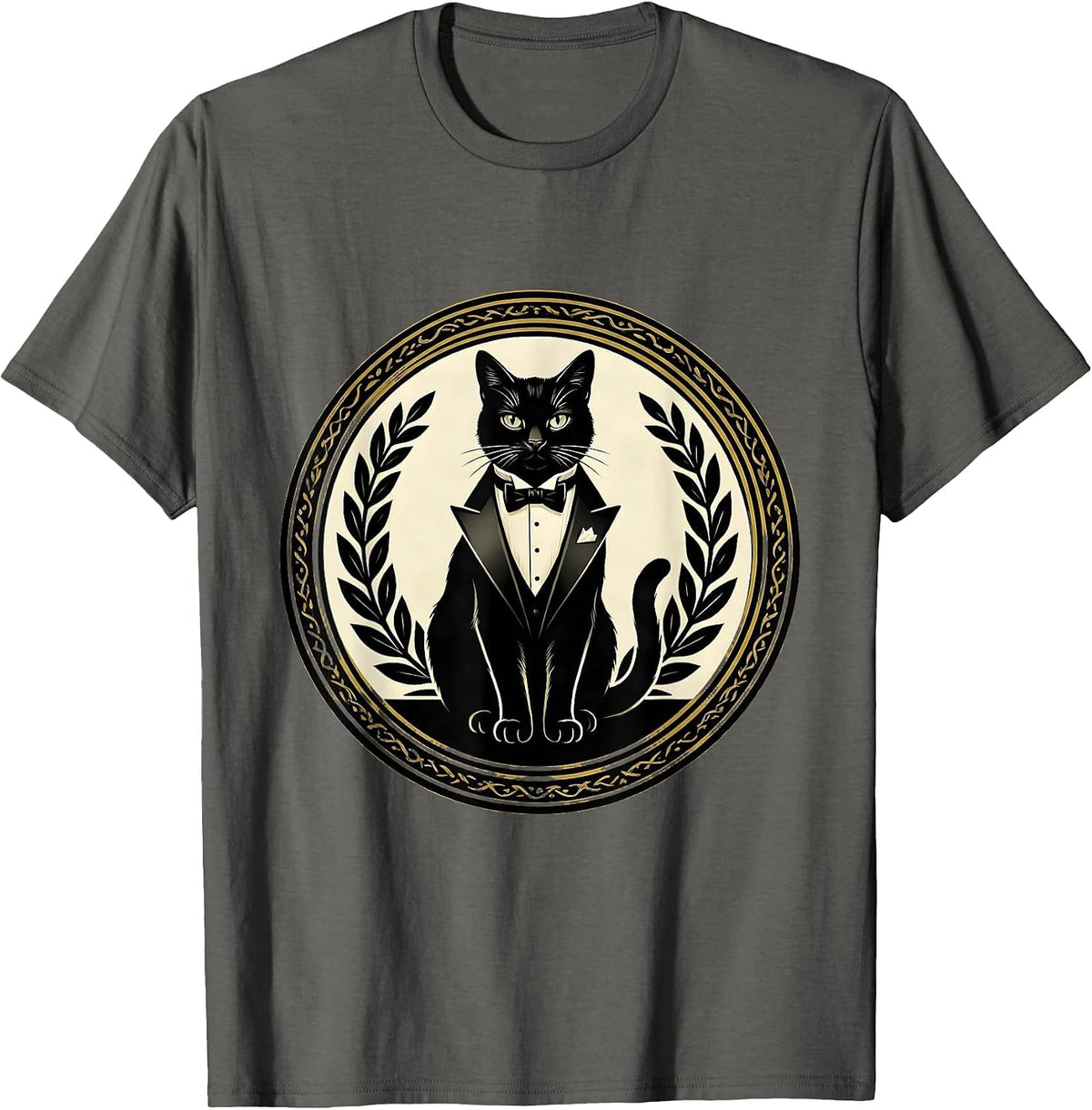 Regal Cat in Tuxedo Illustration T-Shirt - Asphalt Grey