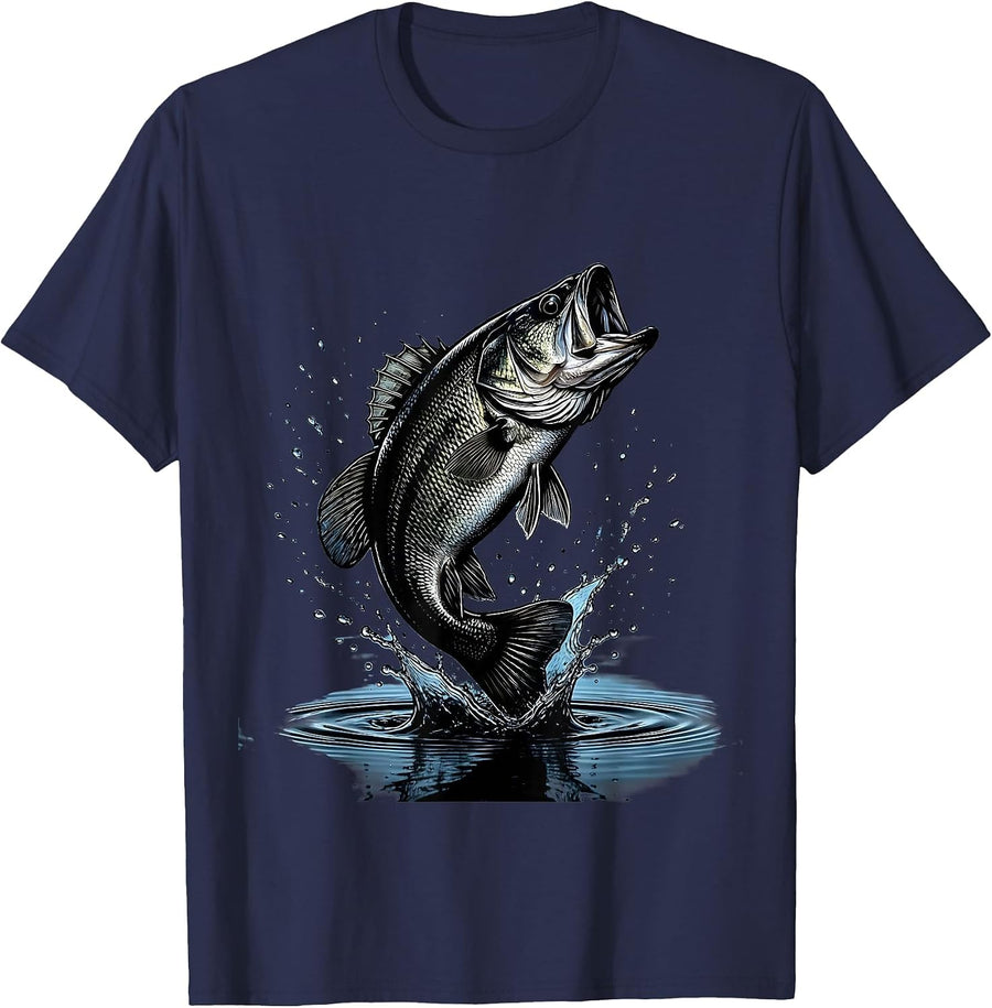 Largemouth Bass Leaping From Water Fishing Design T-Shirt - Navy Blue