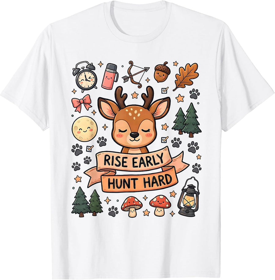 Men's Rise Early Hunt Hard Hunting Design T-Shirt - White