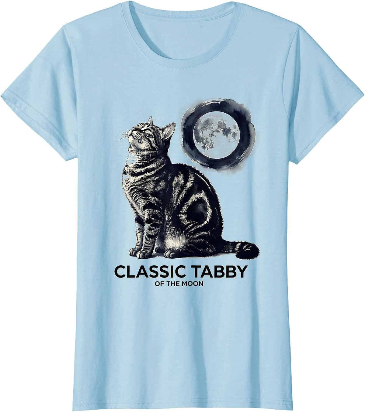Classic Tabby Of The Moon Ink Brush Cat Lover Retro Humor T-Shirt - Baby Blue