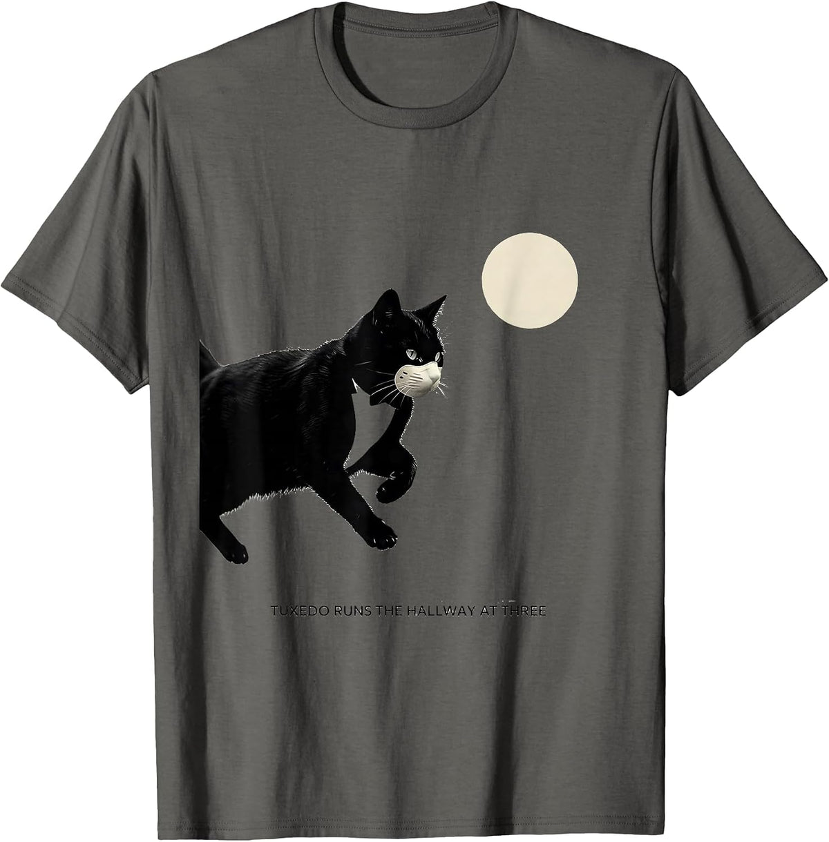 Men's Tuxedo Runs the Hallway at Three Minimalist 90s Retro Cat T-Shirt - Asphalt Grey