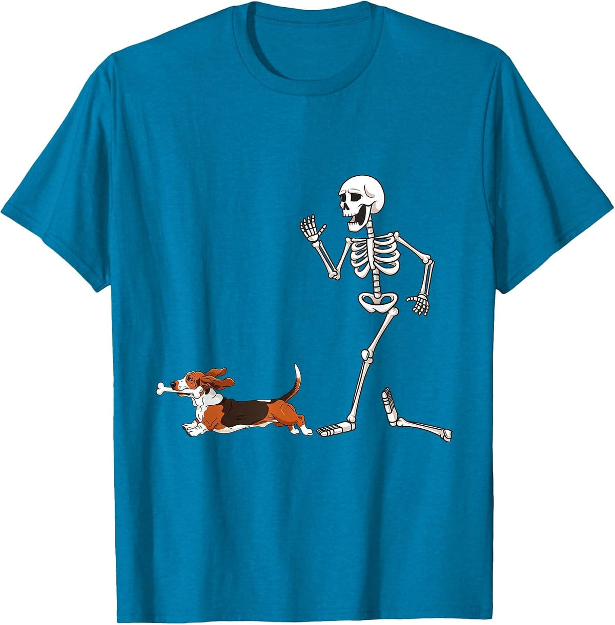 Funny Halloween Basset Hound and Skeleton T-Shirt - Sapphire Blue