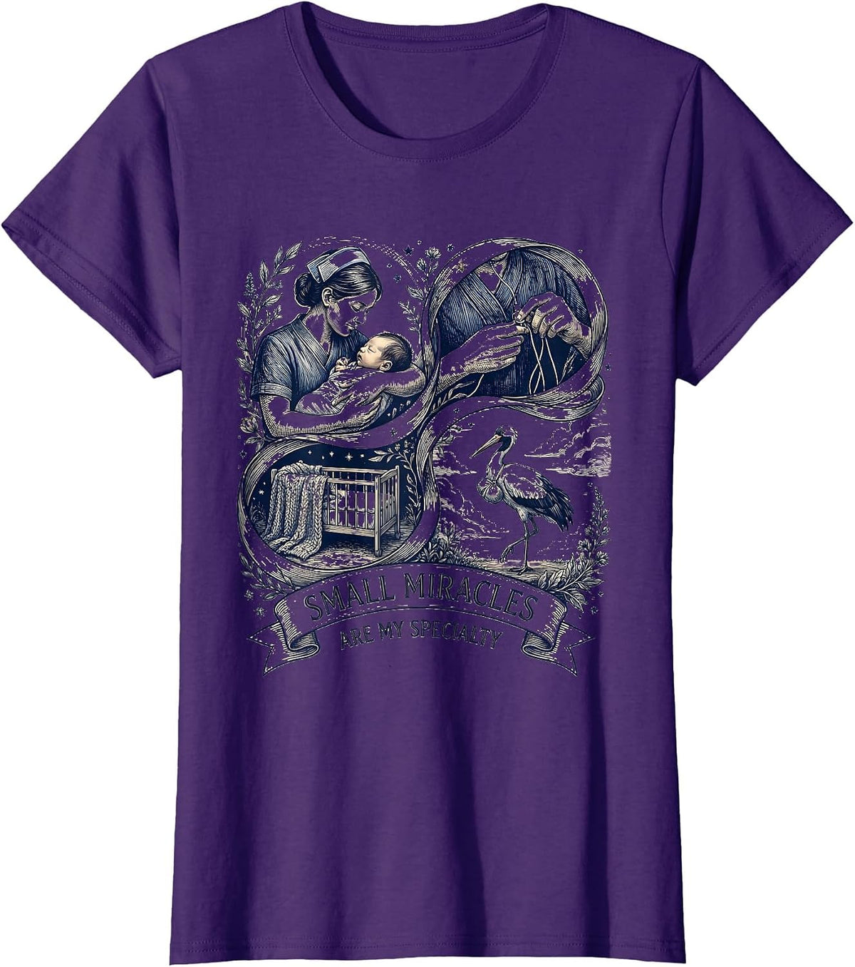 Women's Small Miracles Are My Specialty NICU Nurse Design T-Shirt - Purple
