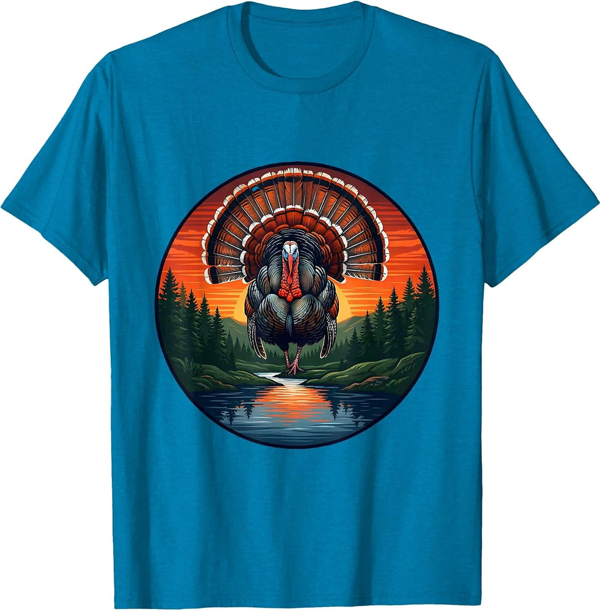 Turkey Tom Full Feather Fan Display Illustration T-Shirt - Sapphire Blue