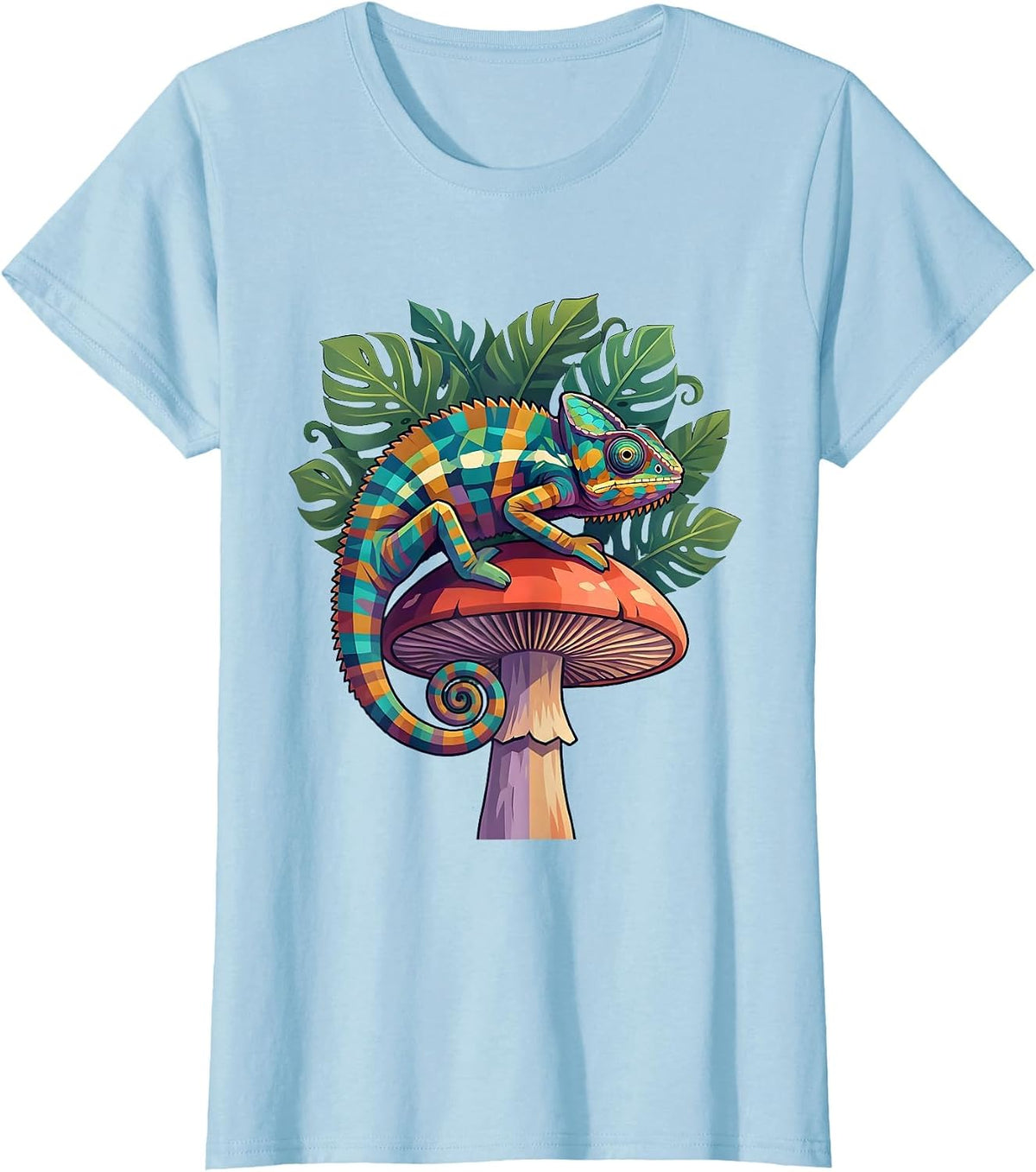 Women's Chameleon Glowing Mushroom Jungle Art T-Shirt - Baby Blue