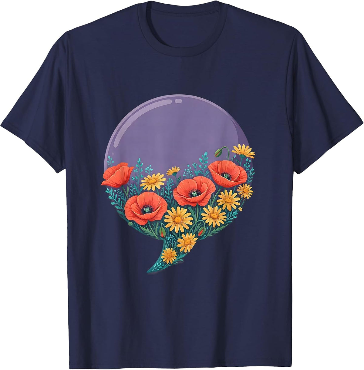 Men's Speech Bubble Wildflower Bloom Graphic Design T-Shirt - Navy Blue