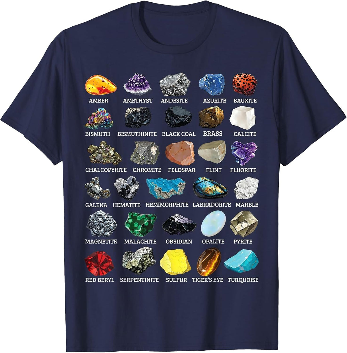 Types of Rocks & Minerals Gemology & Geology Educational T-Shirt - Navy Blue