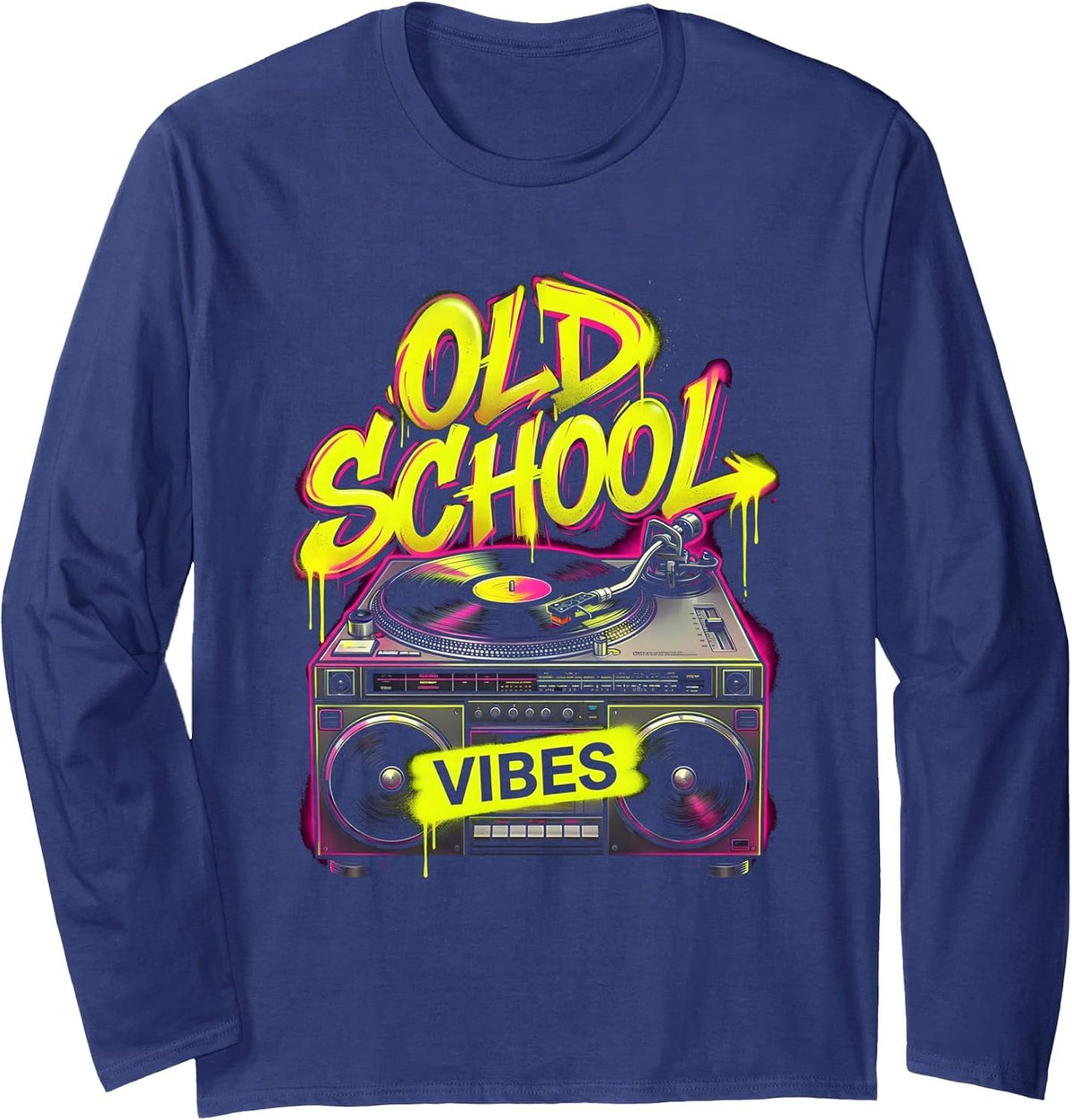 Old School Vibes Hip Hop Graphic Design Long Sleeve T-Shirt - Adult Unisex Navy Blue