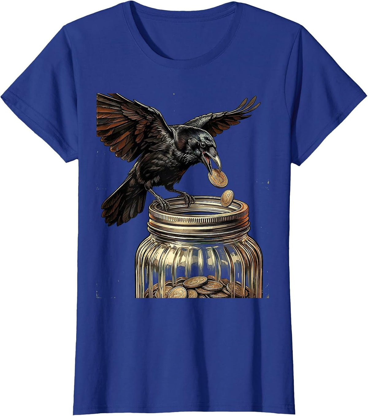 Women's Crow Dropping Coin Into Mason Jar Illustration T-Shirt - Royal Blue