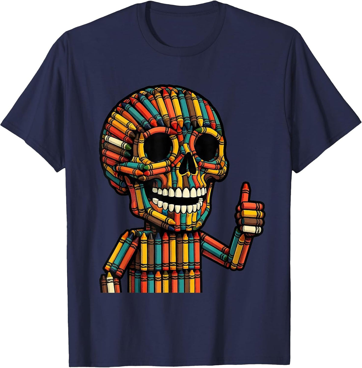 Crayon Skull Colorful Art Illustration T-Shirt - Navy Blue