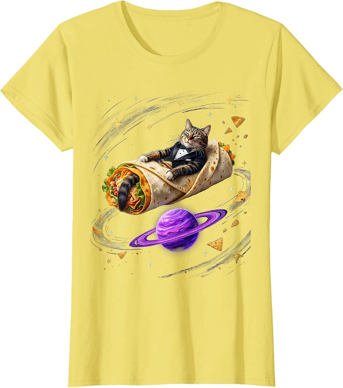 Burrito Cat Cosmic Humor Funny Cat Lover T-Shirt - Lemon Yellow