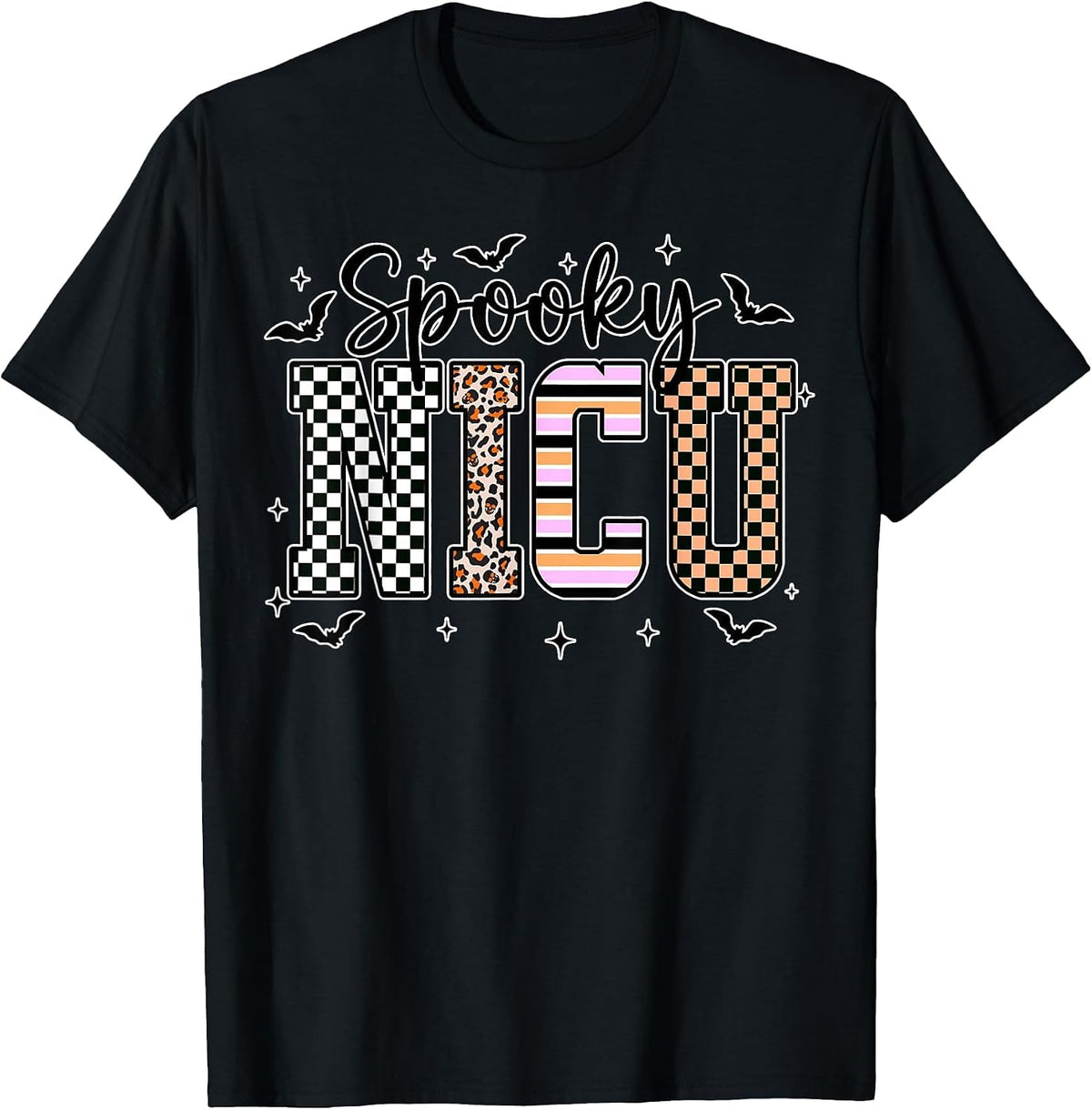 Spooky Nurse CNA NICU RN Halloween Leopard Checkered Nurse T-Shirt - Black