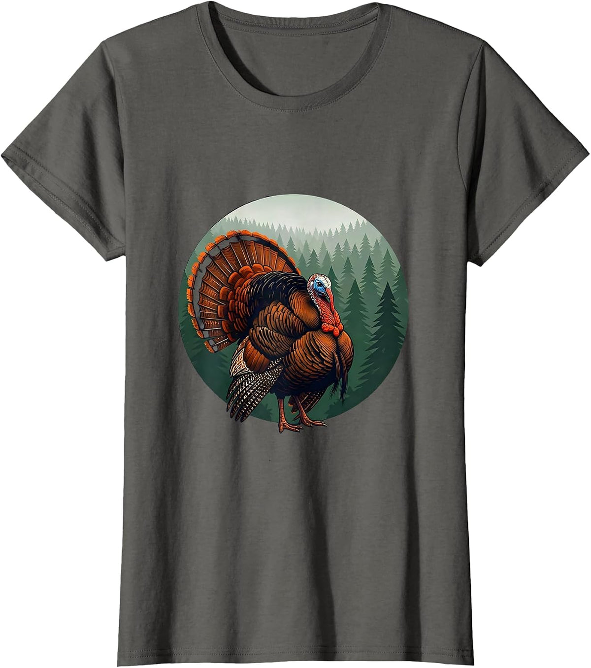 Women's Turkey Strutting Through Pine Forest Illustration T-Shirt - Asphalt Grey