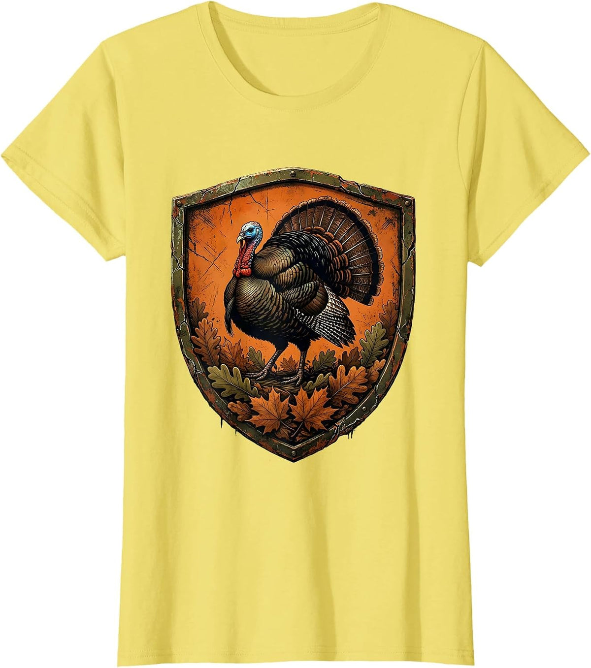 Women's Camo Turkey Striding Through Autumn Leaves T-Shirt - Lemon Yellow