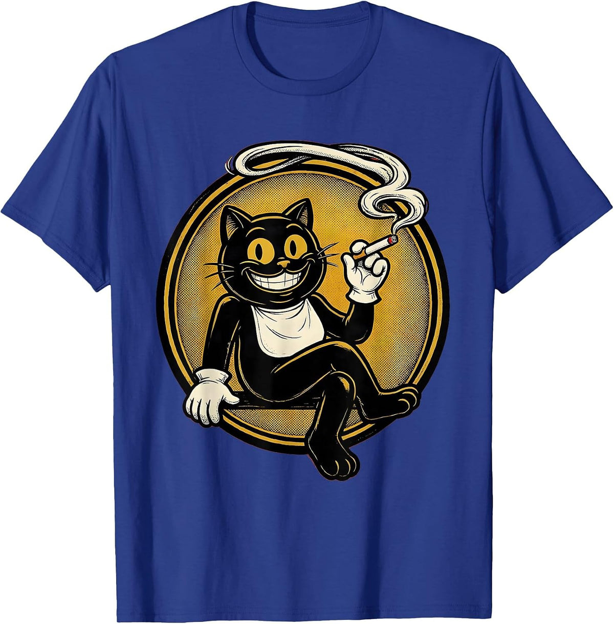Tuxedo Cat Smoking Cigarette Smoke Ring Art T-Shirt - Royal Blue