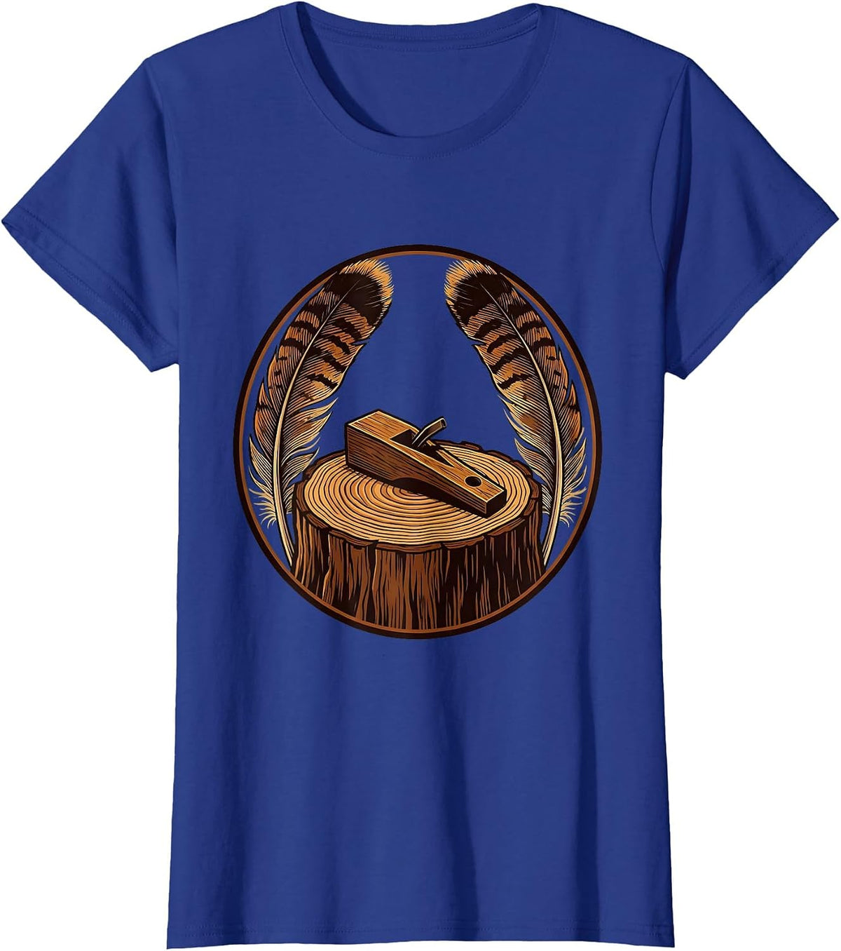Women's Turkey Call and Feathers on Tree Stump Illustration T-Shirt - Royal Blue