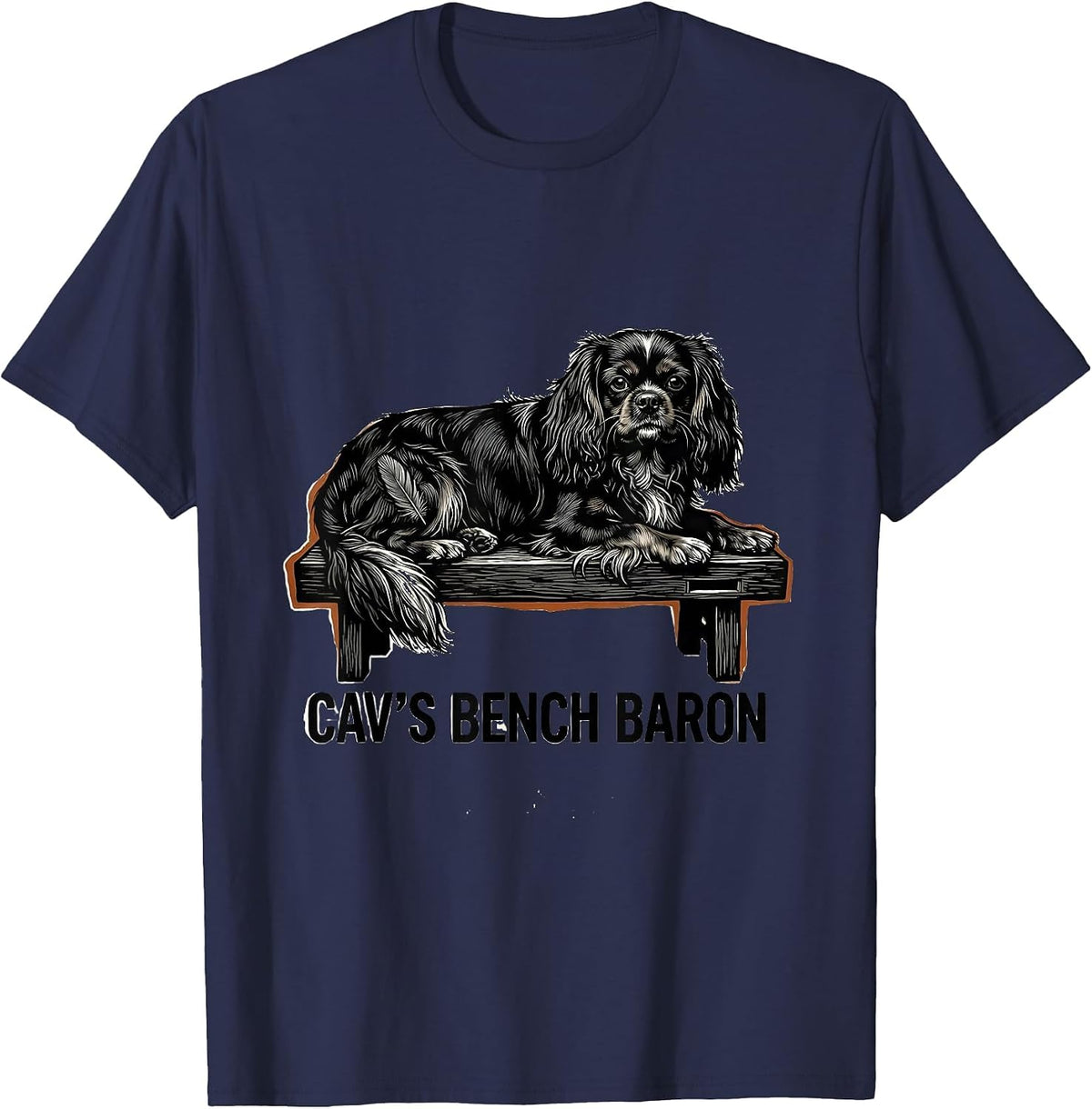 Cav's Bench Baron Linocut Cavalier King Charles Spaniel T-Shirt - Navy Blue