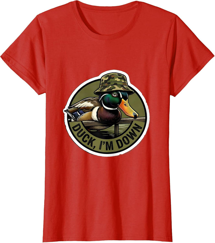 Women's Duck, I'm Down Funny Duck Hunting Camo Outdoor Gift T-Shirt - Red