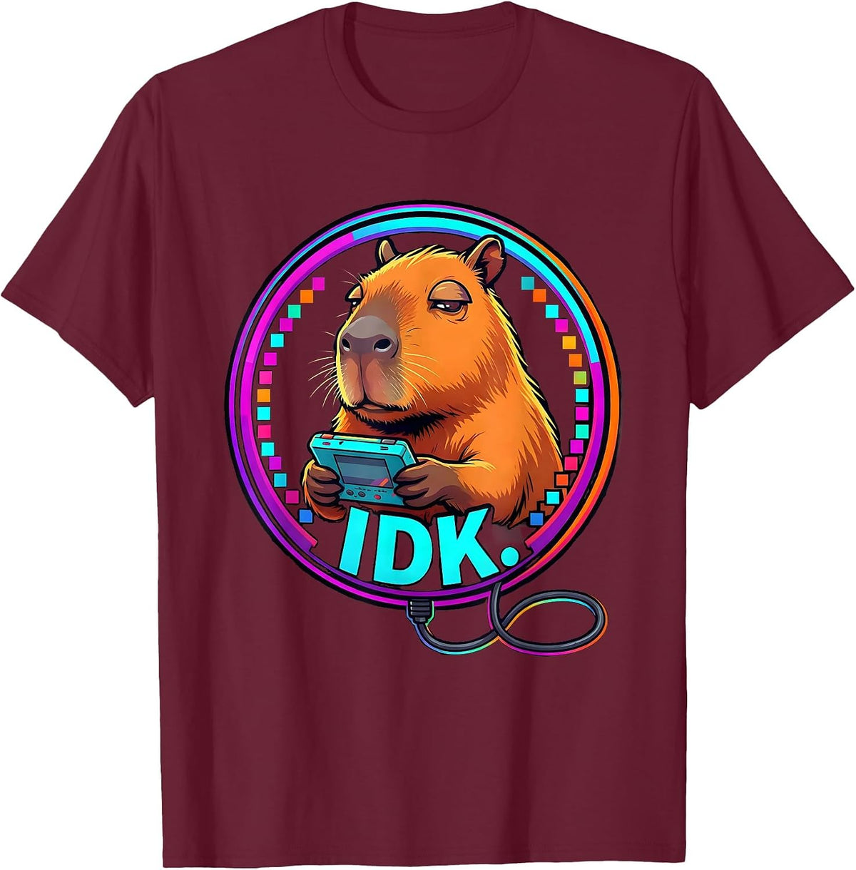 IDK Colorful Capybara Gamer Meme Humor T-Shirt - Burgundy