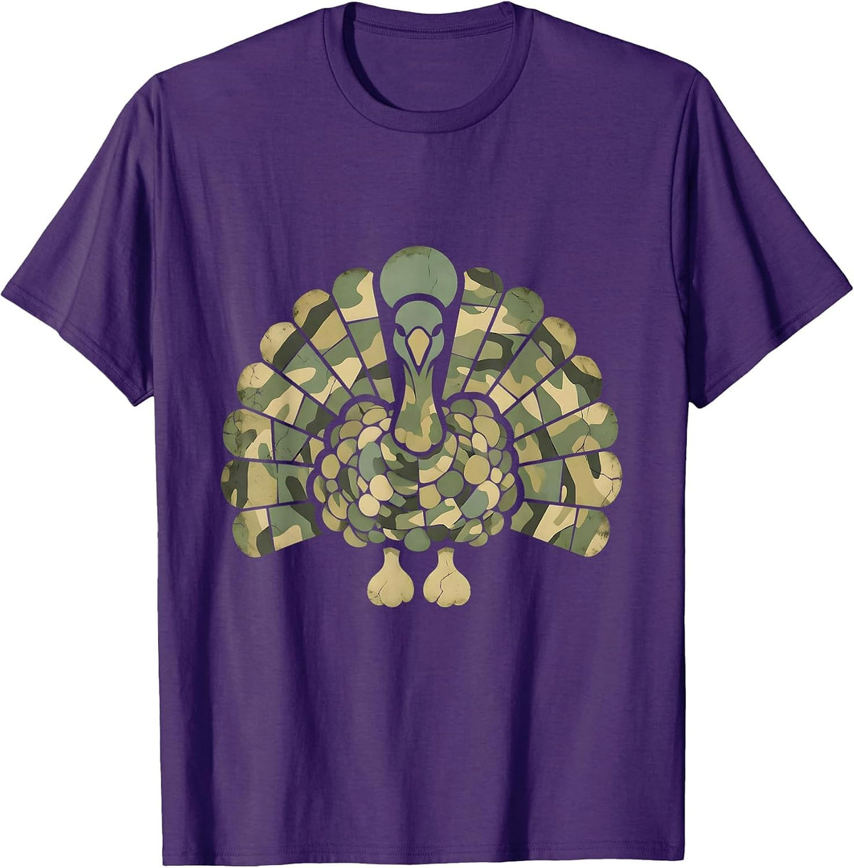 Camo Turkey Feather Fan Hunting Design T-Shirt, Men, Purple, Large - As Pictured