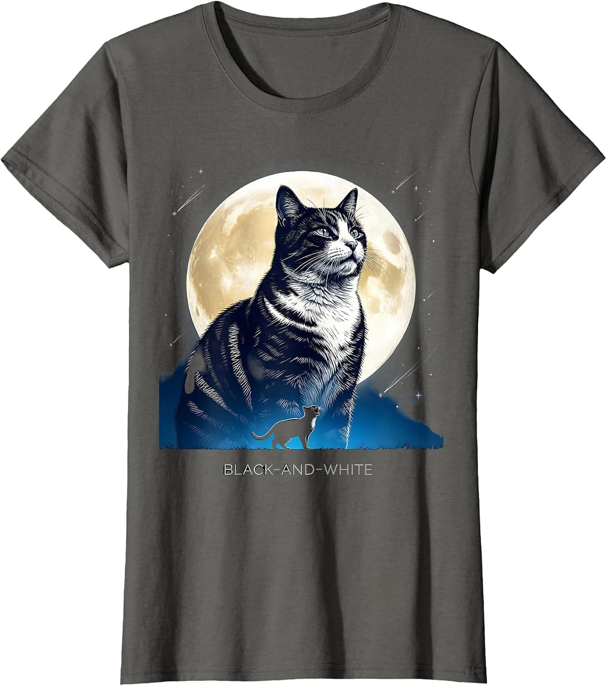Women's Black-and-White Cosmic Tuxedo Cat Howling at Moon T-Shirt - Asphalt Grey