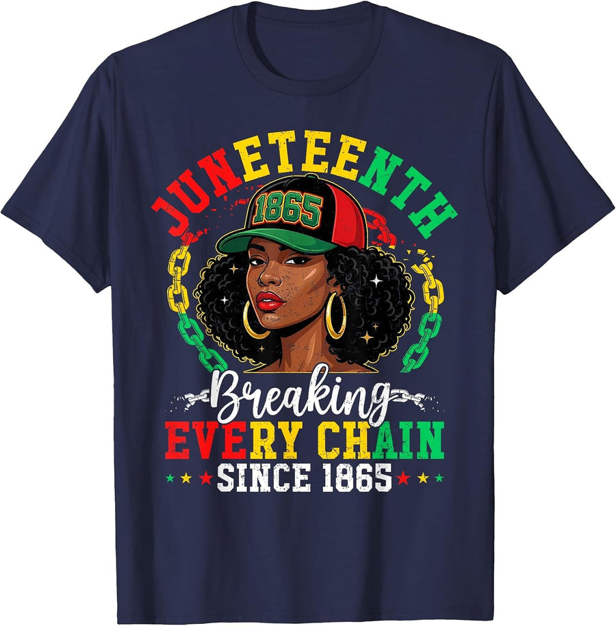 Juneteenth Breaking Every Chain 1865 Black Afro Women Men T-Shirt - Navy Blue