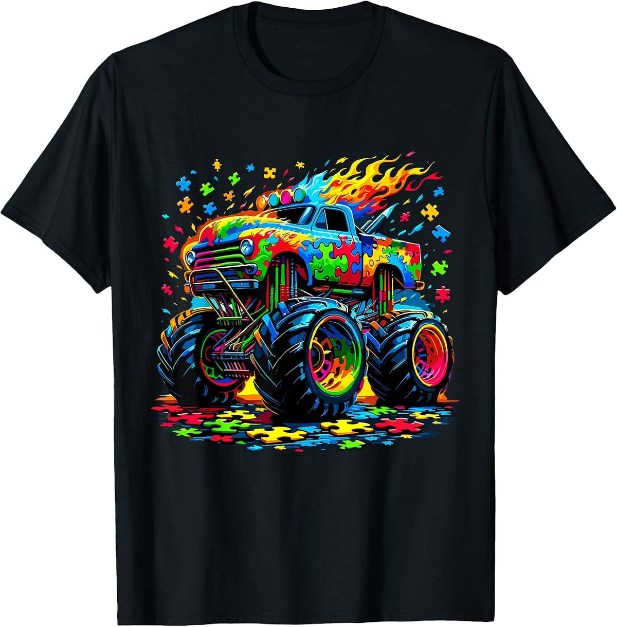 Autism Awareness Monster Truck Puzzle T-Shirt - Black