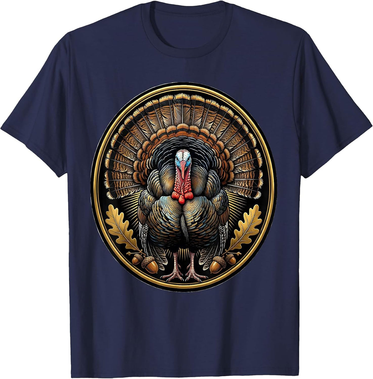 Men's Turkey Feathers Full Strut Fan Illustration T-Shirt - Navy Blue