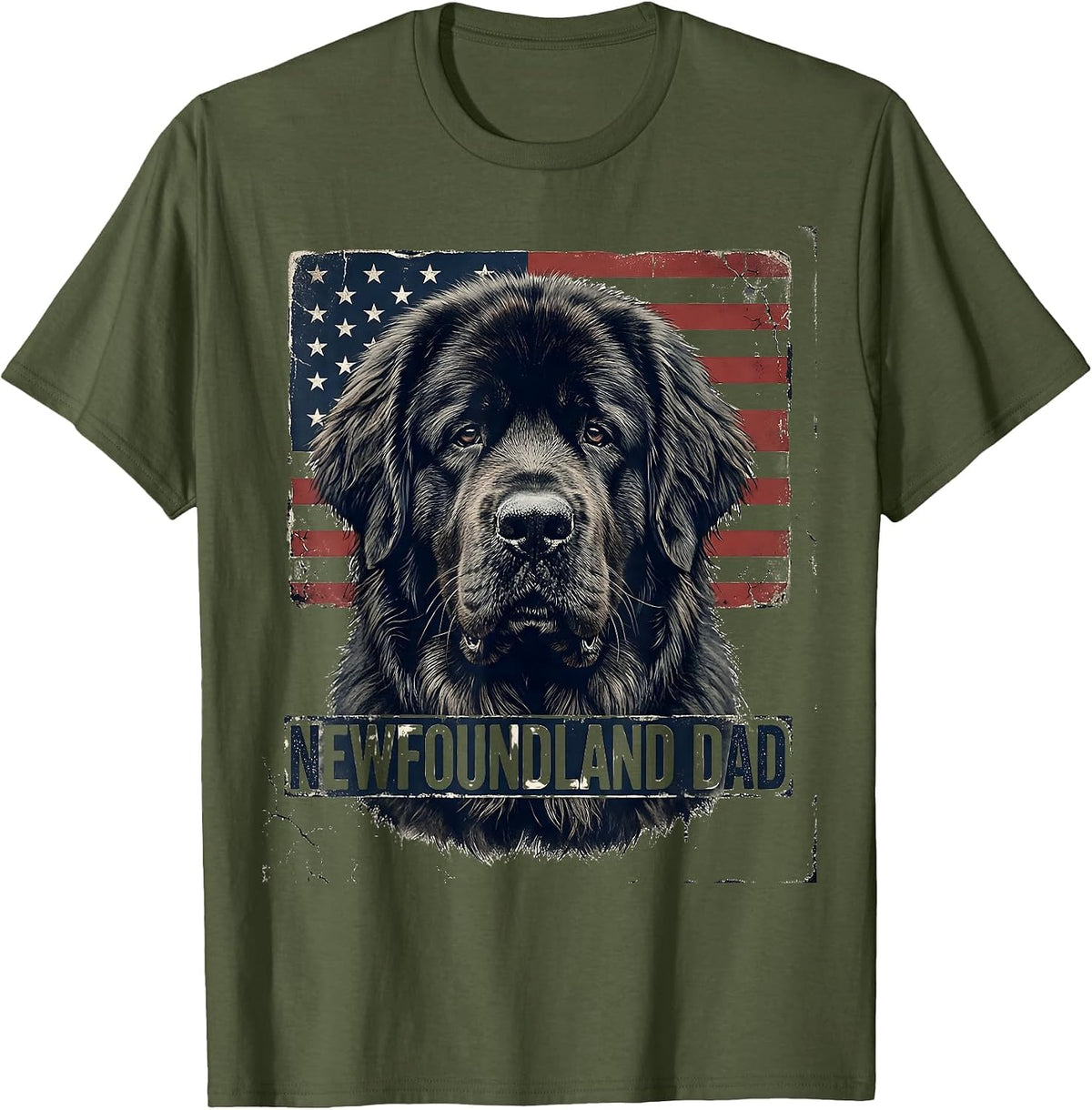 Men's Newfoundland Dad Distressed Patriotic Dog Breed Pride 4th T-Shirt - Olive Green