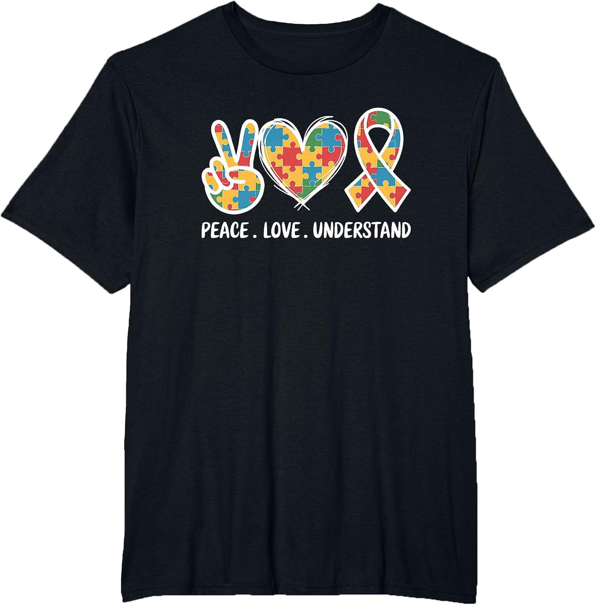 Autism Awareness Peace Love Understand Puzzle Ribbon T-Shirt - Black