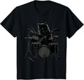Black Cat Playing Drums Gothic Rock Drummer T-Shirt - Black