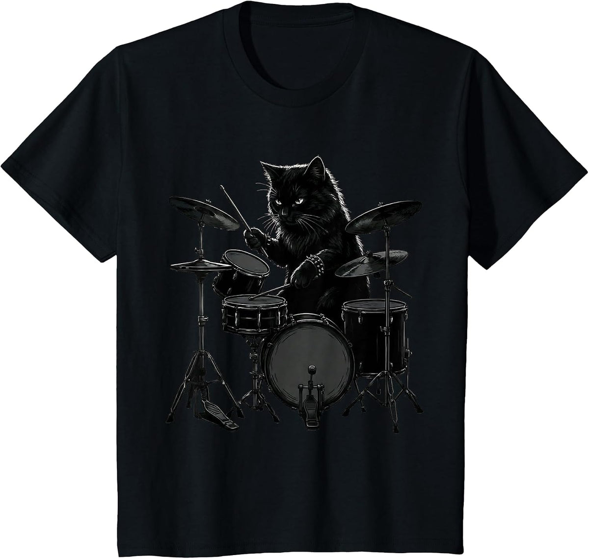 Black Cat Playing Drums Gothic Rock Drummer T-Shirt - Black