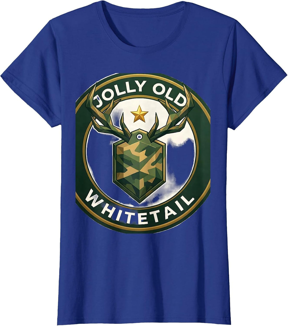 Women's Jolly Old Whitetail Low Poly Deer Hunting Christmas Camo T-Shirt - Royal Blue