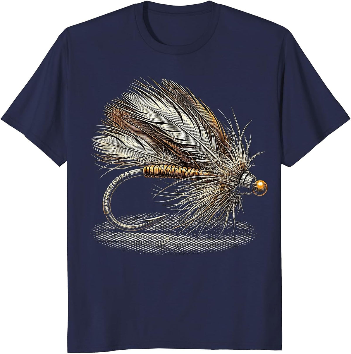Fly Fishing Lure Feathered Hook Illustration T-Shirt - Navy Blue