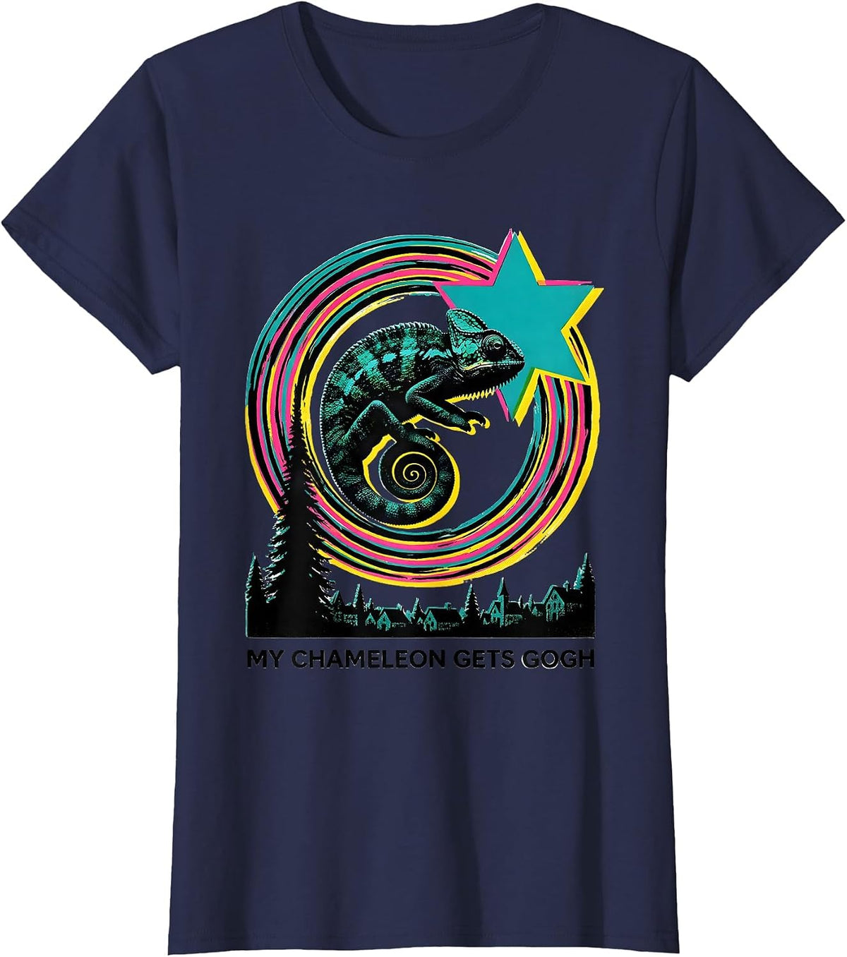 Women's My Chameleon Gets Gogh Risograph Funny Animal Lover Van Gogh T-Shirt - Navy Blue