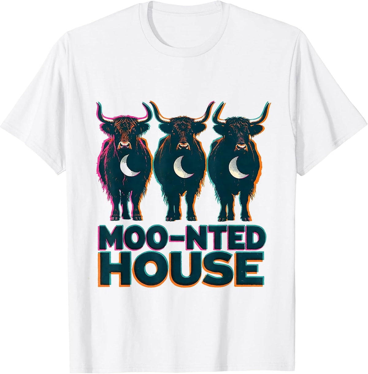 Men's Moo-nted House Risograph Highland Cow Halloween Humor T-Shirt - White