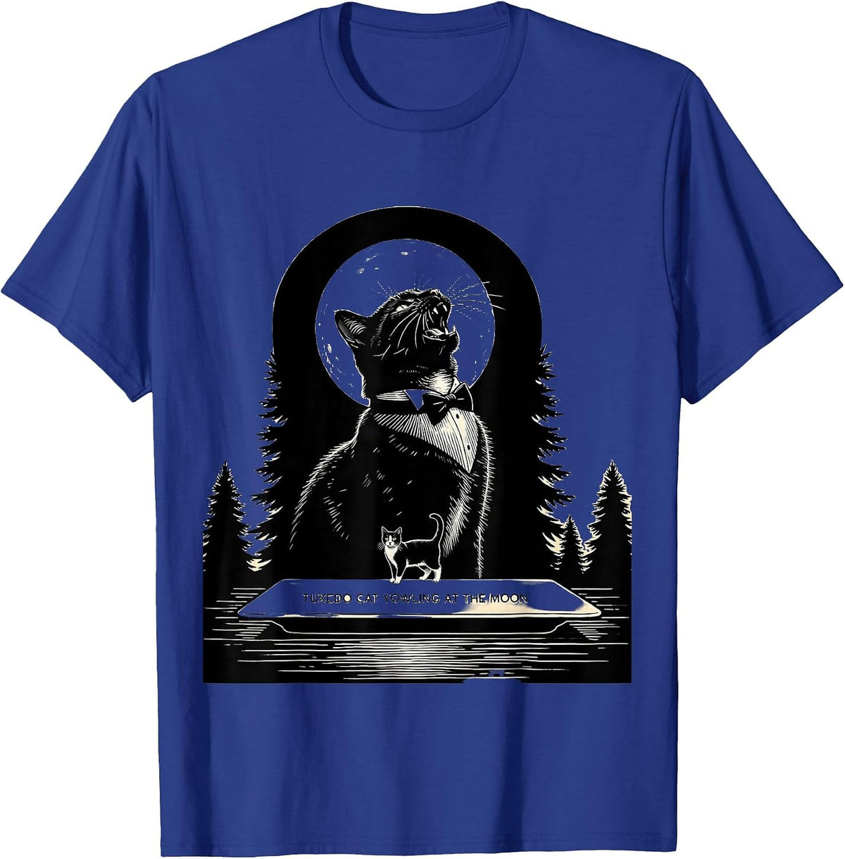 Men's Tuxedo Cat Yowling at the Moon 90's Retro Nature Art T-Shirt - Royal Blue