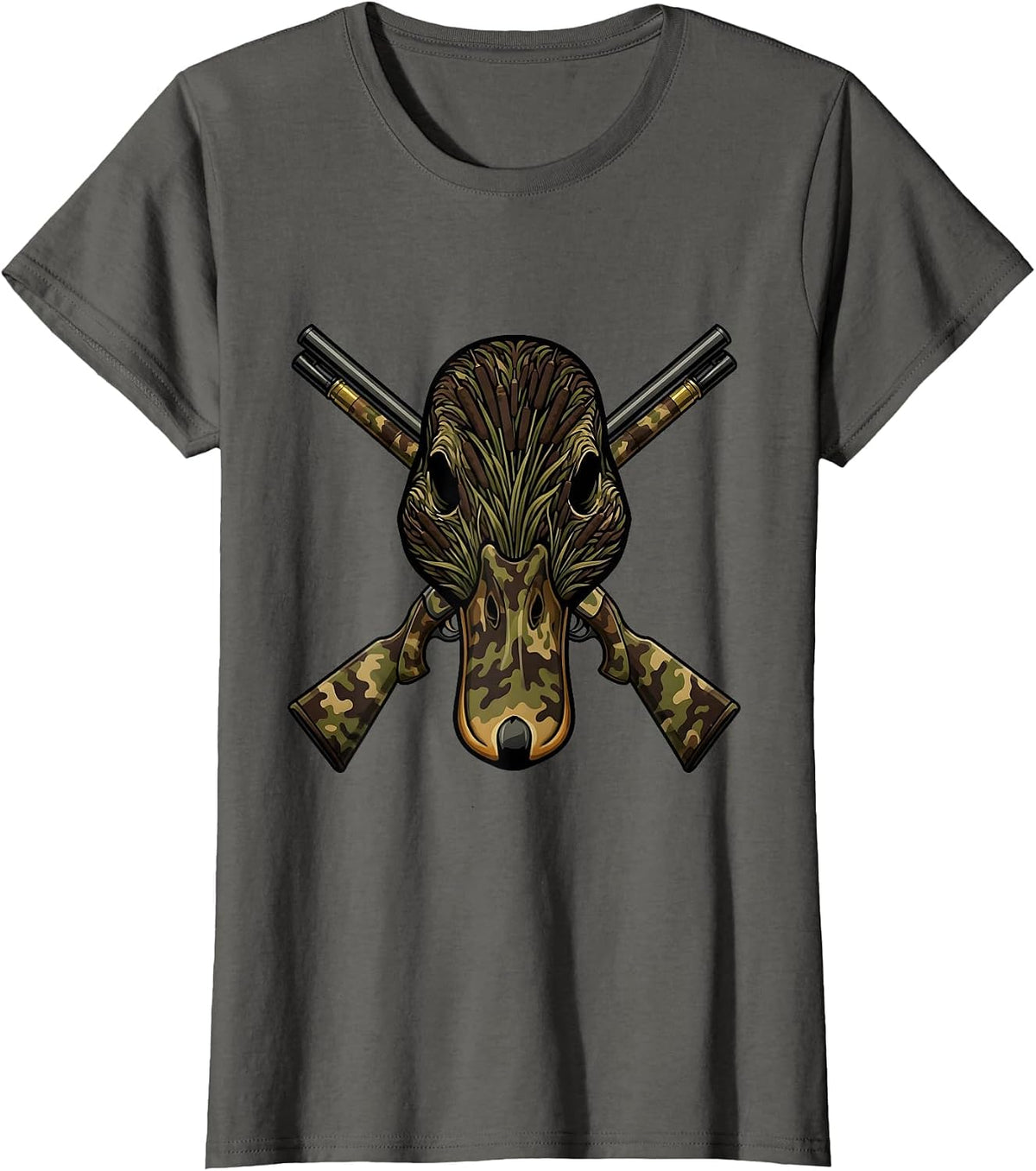 Women's Duck Camo Skull Crossed Shotgun Shells Design T-Shirt - Asphalt Grey