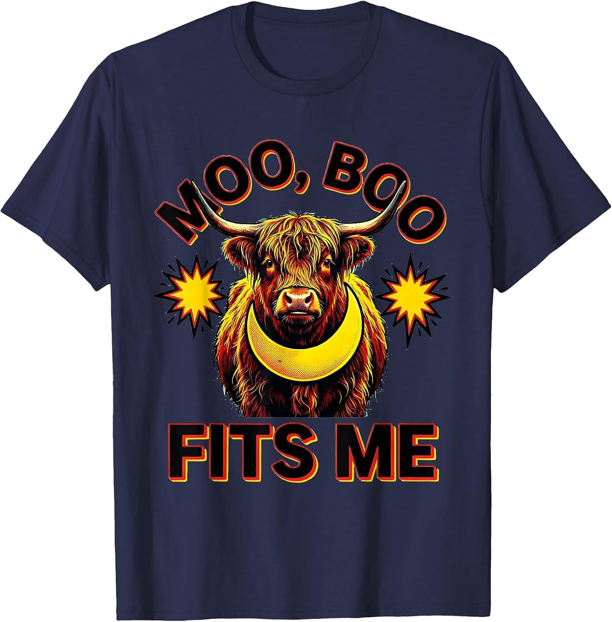 Moo, Boo Fits Me Pop Art Highland Cow Halloween Costume T-Shirt - Navy Blue