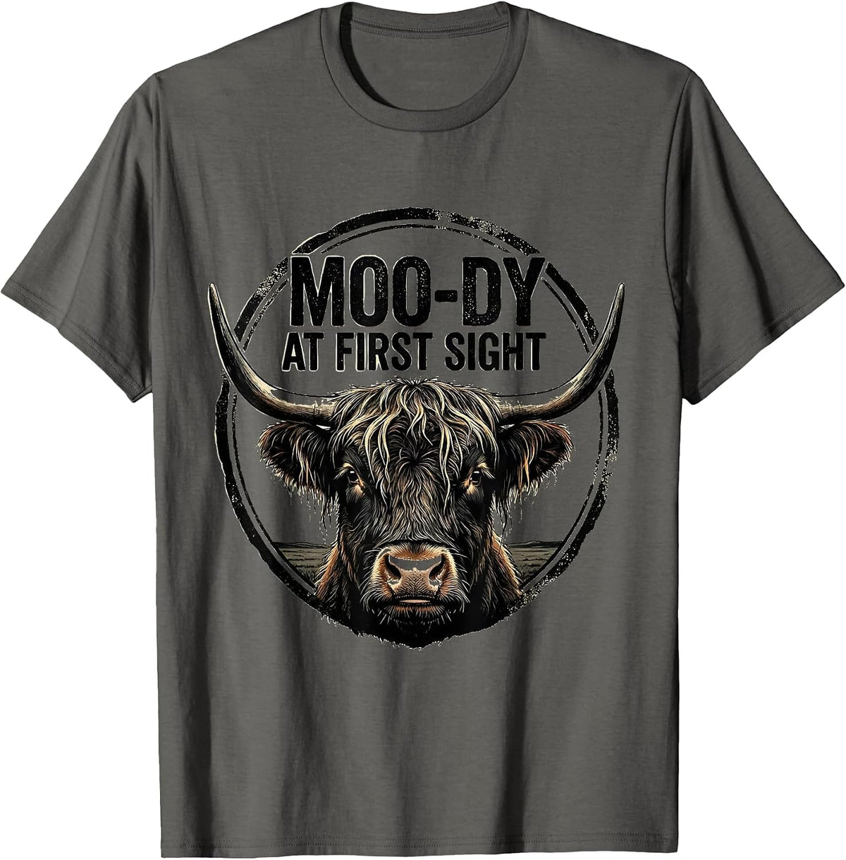 Moo-Dy At First Sight Funny Highland Cow Farm Animal Humor T-Shirt - Asphalt Grey