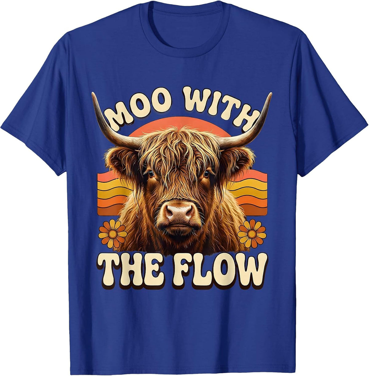 Moo With The Flow Retro 70s Highland Cow Farm Animal Humor T-Shirt - Royal Blue